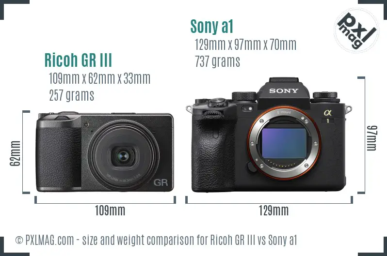 Ricoh GR III vs Sony a1 size comparison