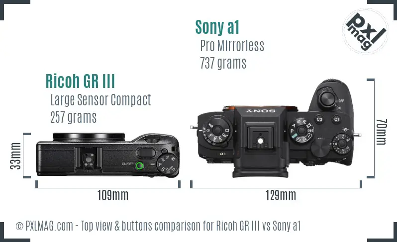 Ricoh GR III vs Sony a1 top view buttons comparison