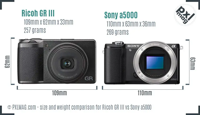 Ricoh GR III vs Sony a5000 size comparison