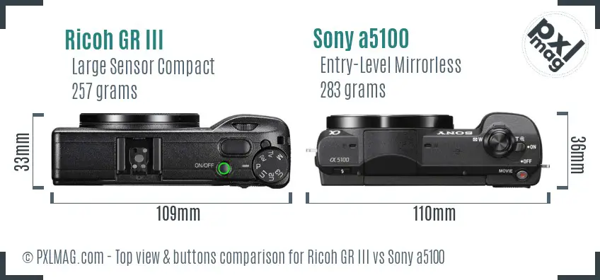 Ricoh GR III vs Sony a5100 top view buttons comparison