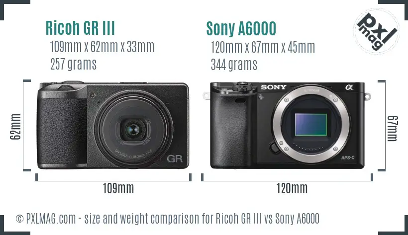 Ricoh GR III vs Sony A6000 size comparison