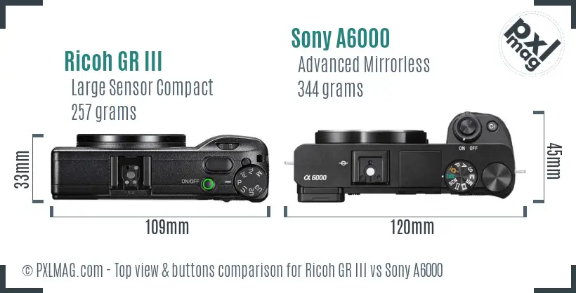Ricoh GR III vs Sony A6000 top view buttons comparison