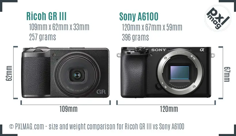 Ricoh GR III vs Sony A6100 size comparison