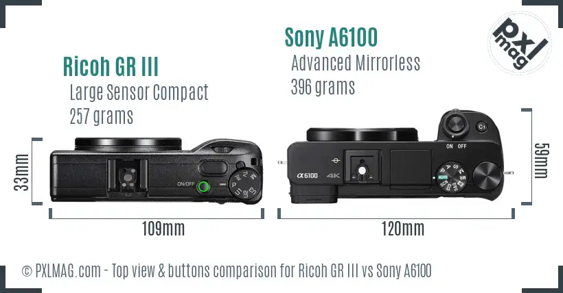 Ricoh GR III vs Sony A6100 top view buttons comparison