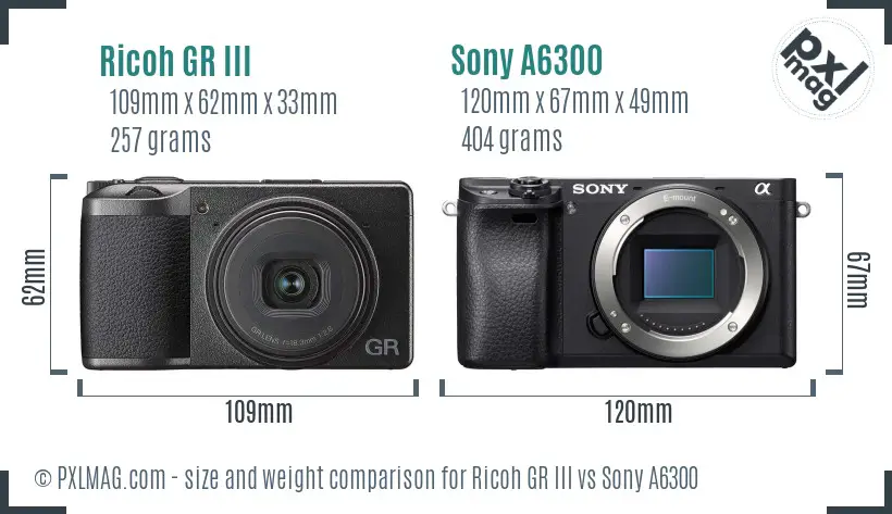 Ricoh GR III vs Sony A6300 size comparison