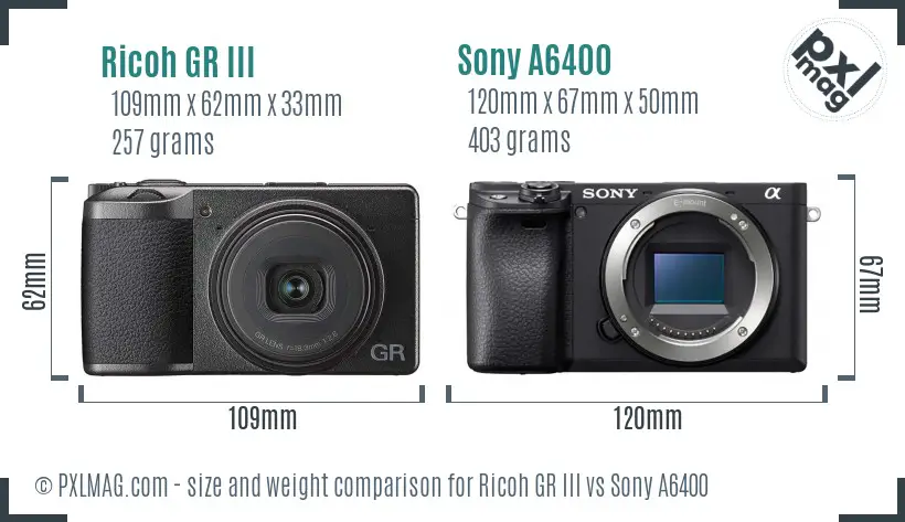 Ricoh GR III vs Sony A6400 size comparison