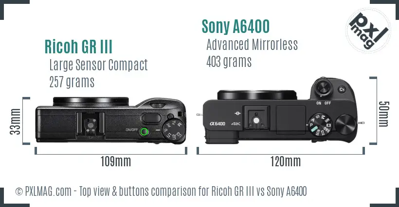 Ricoh GR III vs Sony A6400 top view buttons comparison