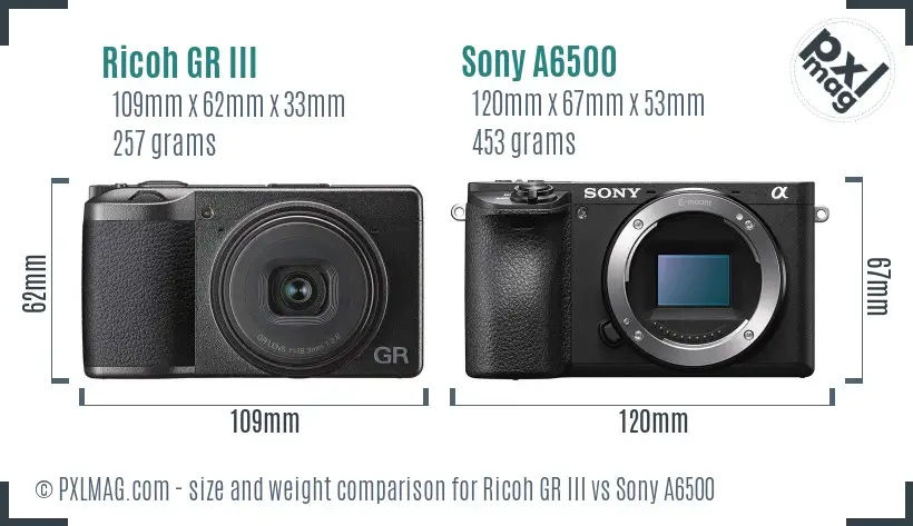 Ricoh GR III vs Sony A6500 size comparison