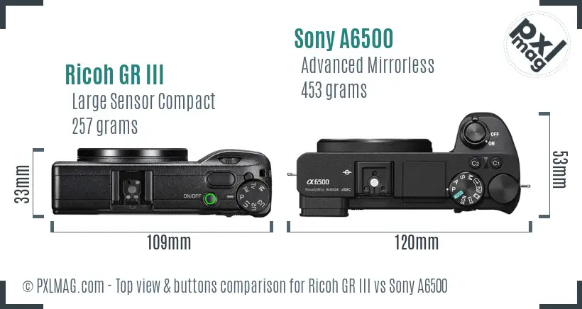 Ricoh GR III vs Sony A6500 top view buttons comparison