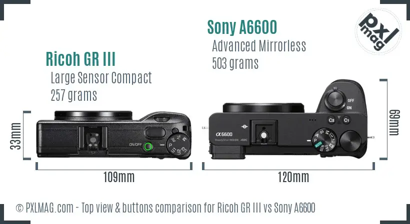 Ricoh GR III vs Sony A6600 top view buttons comparison Ricoh GR III vs Sony A6600 top view buttons comparison