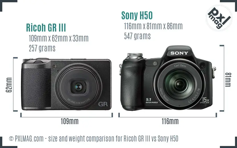 Ricoh GR III vs Sony H50 size comparison