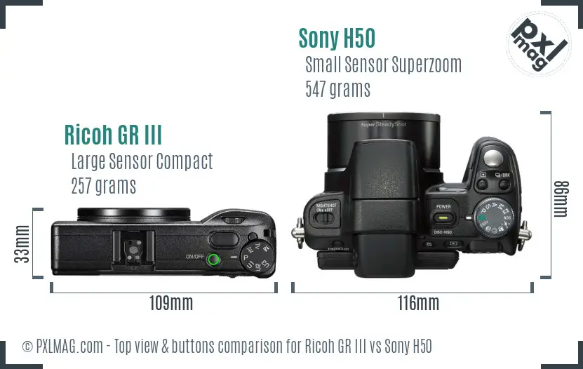 Ricoh GR III vs Sony H50 top view buttons comparison