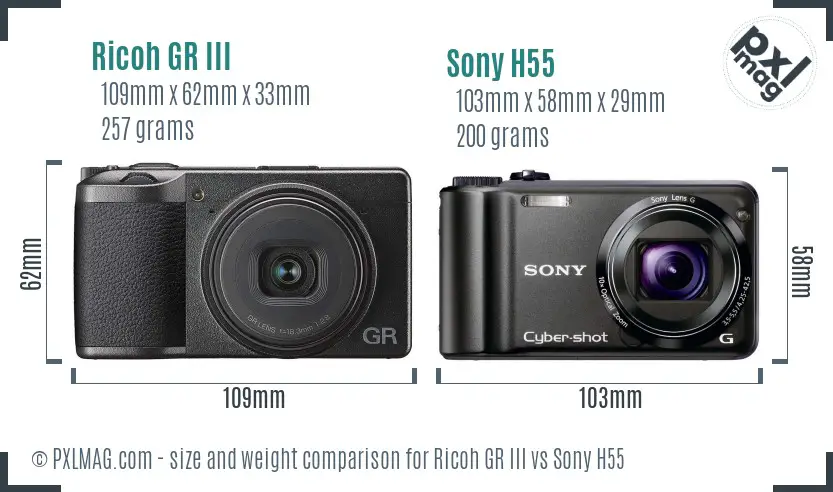 Ricoh GR III vs Sony H55 size comparison