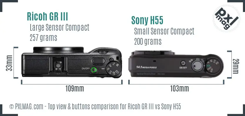 Ricoh GR III vs Sony H55 top view buttons comparison