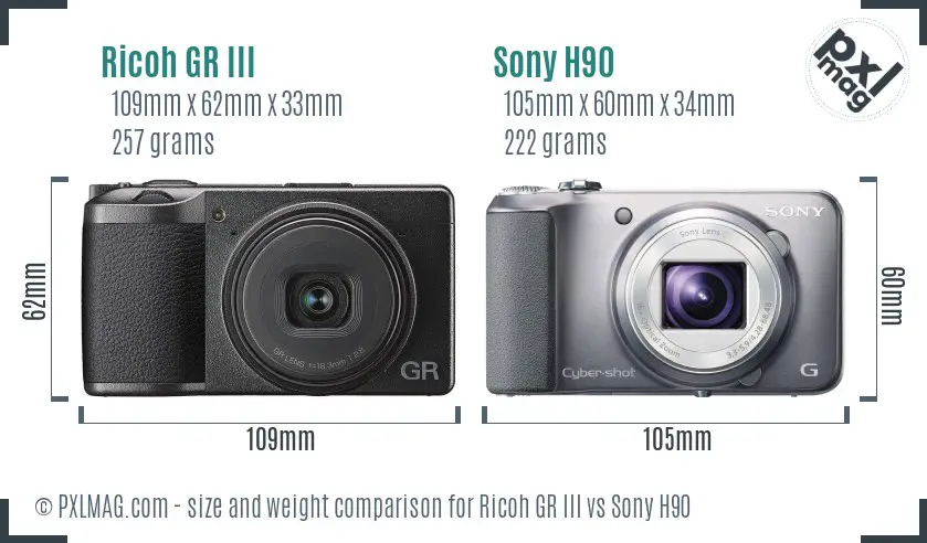 Ricoh GR III vs Sony H90 size comparison