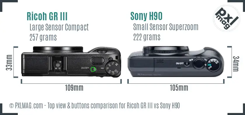 Ricoh GR III vs Sony H90 top view buttons comparison