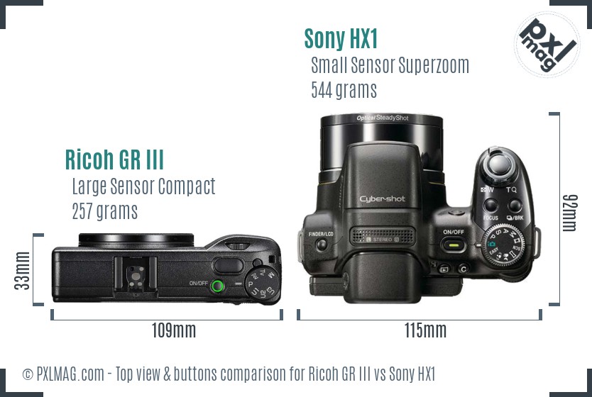 Ricoh GR III vs Sony HX1 top view buttons comparison