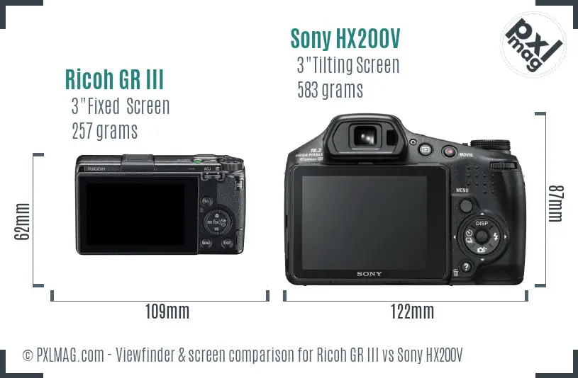Ricoh GR III vs Sony HX200V Screen and Viewfinder comparison