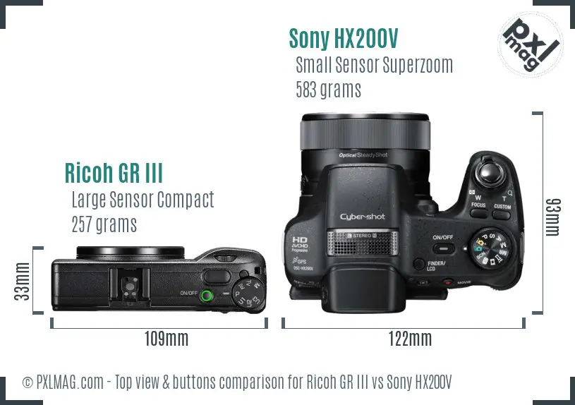 Ricoh GR III vs Sony HX200V top view buttons comparison