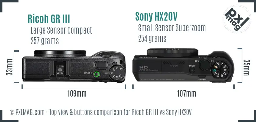 Ricoh GR III vs Sony HX20V top view buttons comparison Ricoh GR III vs Sony HX20V top view buttons comparison