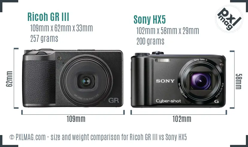 Ricoh GR III vs Sony HX5 size comparison