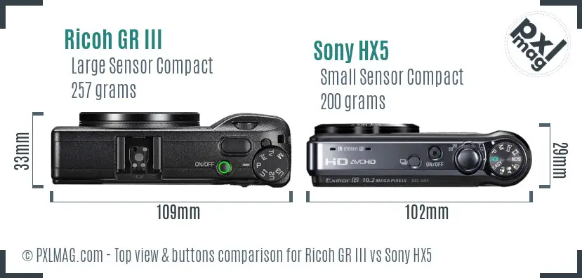 Ricoh GR III vs Sony HX5 top view buttons comparison