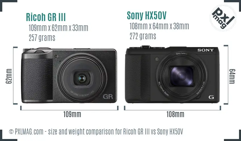 Ricoh GR III vs Sony HX50V size comparison