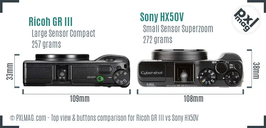 Ricoh GR III vs Sony HX50V top view buttons comparison