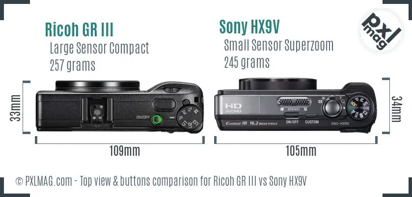 Ricoh GR III vs Sony HX9V top view buttons comparison