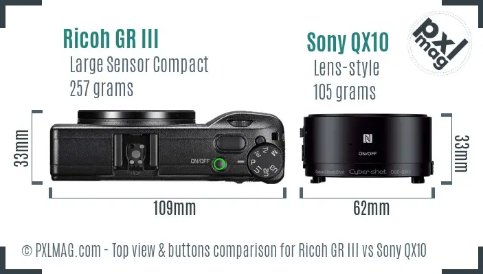 Ricoh GR III vs Sony QX10 top view buttons comparison