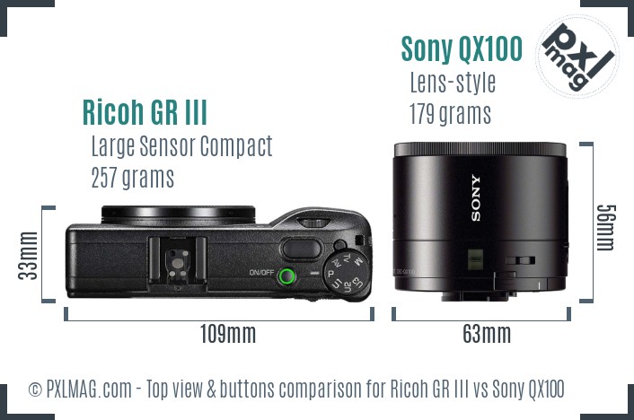 Ricoh GR III vs Sony QX100 top view buttons comparison