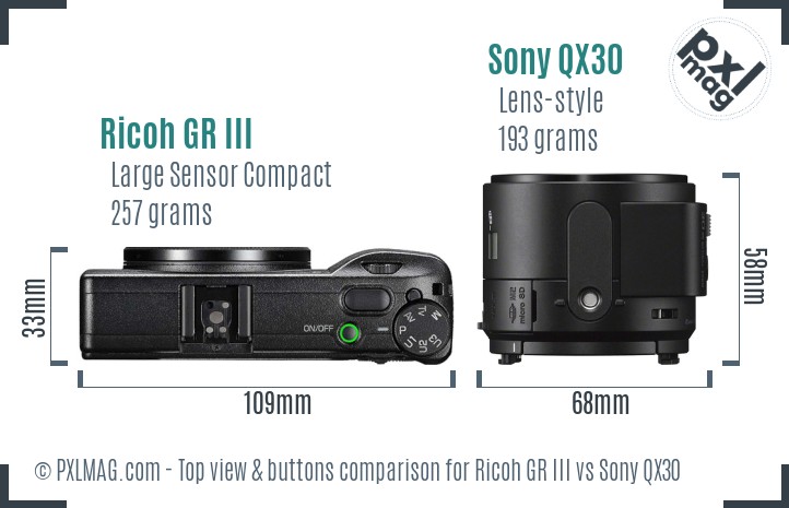 Ricoh GR III vs Sony QX30 top view buttons comparison