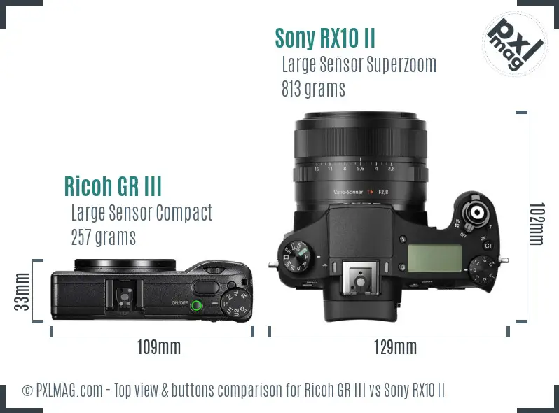 Ricoh GR III vs Sony RX10 II top view buttons comparison Ricoh GR III vs Sony RX10 II top view buttons comparison