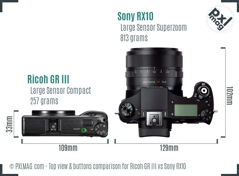 Ricoh GR III vs Sony RX10 top view buttons comparison