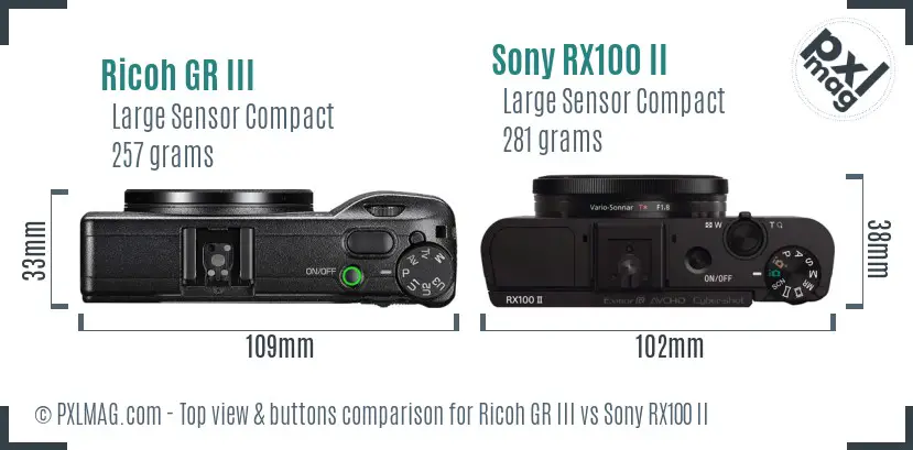 Ricoh GR III vs Sony RX100 II top view buttons comparison