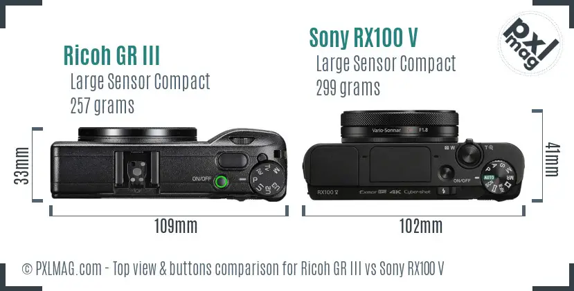 Ricoh GR III vs Sony RX100 V top view buttons comparison