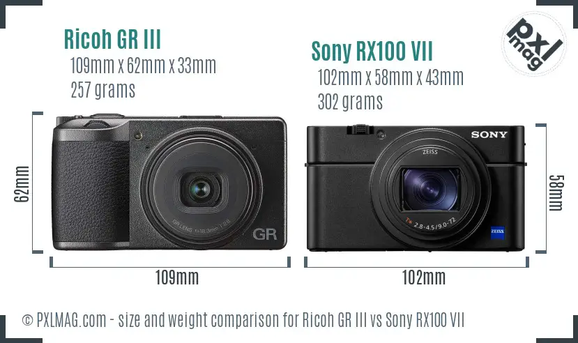 Ricoh GR III vs Sony RX100 VII size comparison
