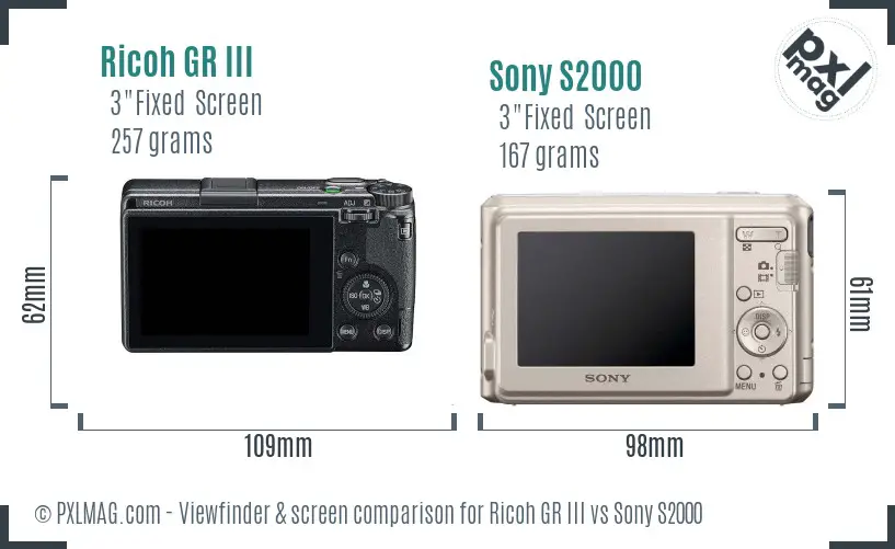 Ricoh GR III vs Sony S2000 Screen and Viewfinder comparison