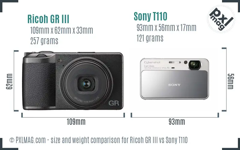 Ricoh GR III vs Sony T110 size comparison