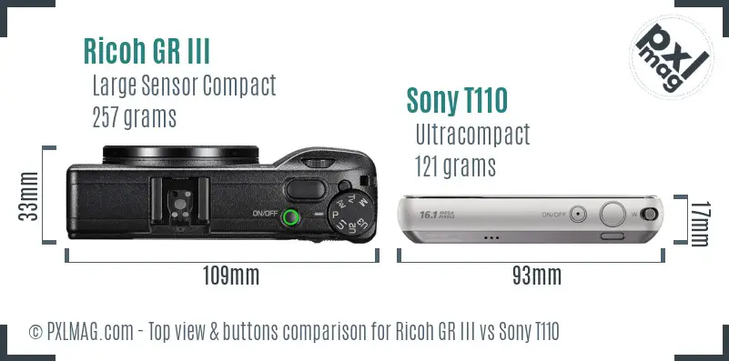Ricoh GR III vs Sony T110 top view buttons comparison