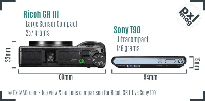 Ricoh GR III vs Sony T90 top view buttons comparison