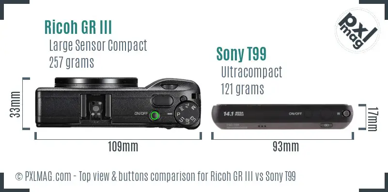 Ricoh GR III vs Sony T99 top view buttons comparison