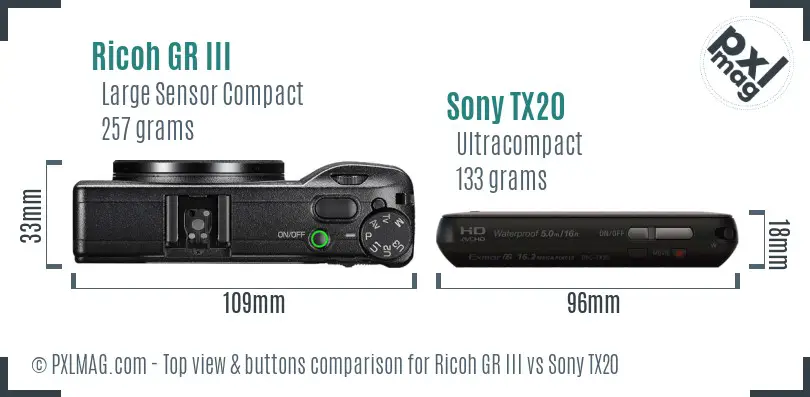 Ricoh GR III vs Sony TX20 top view buttons comparison