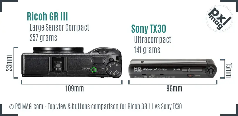 Ricoh GR III vs Sony TX30 top view buttons comparison
