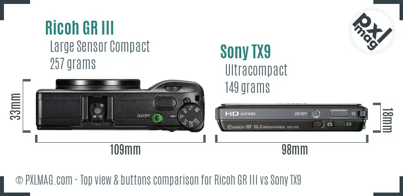 Ricoh GR III vs Sony TX9 top view buttons comparison