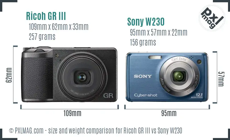 Ricoh GR III vs Sony W230 size comparison