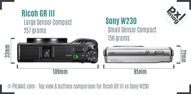 Ricoh GR III vs Sony W230 top view buttons comparison