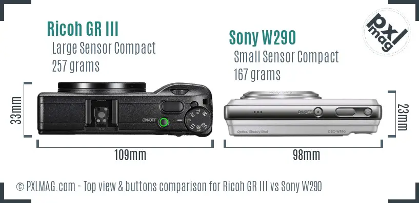 Ricoh GR III vs Sony W290 top view buttons comparison