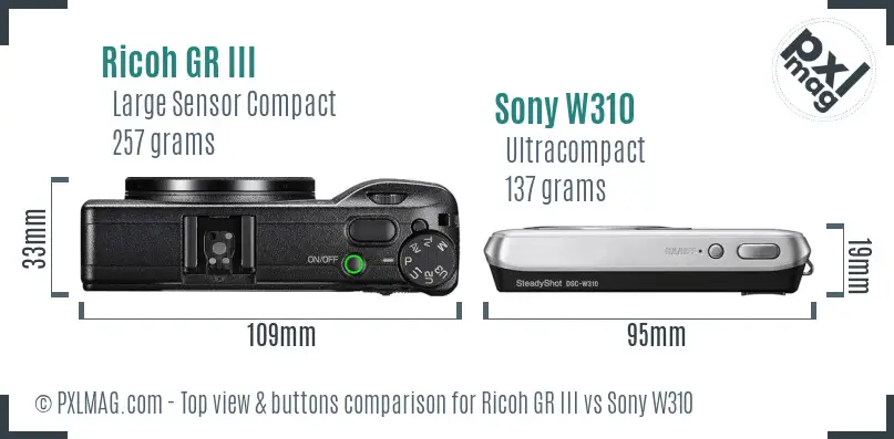 Ricoh GR III vs Sony W310 top view buttons comparison