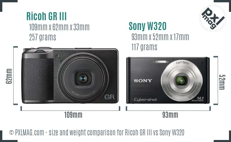 Ricoh GR III vs Sony W320 size comparison